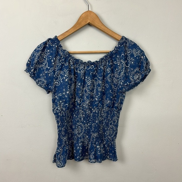 LRL Lauren Ralph Lauren Y2K Blue Paisley Smocked Peasant Top Sz S/M - Picture 7 of 10